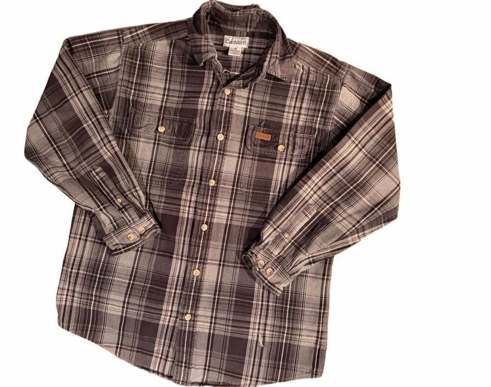 Carhartt Plaid Flannel Button Down Shirt Size M Gray Long Sleeve